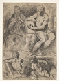Sheet of studies with St. Jerome, seated at right and resting his right forearm on a book, at left an ecclesiastical figure wearing a cope and miter, and at bottom two putti, Jacopo Palma the Younger  Italian, Etching
