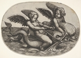 Two winged putti riding parallel on dolphins above the water surface, an oval composition, Adamo (Ghisi) Scultori  Italian, Engraving