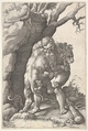 Hercules and the Nemean Lion: Hercules grasps the shoulders and chest of the lion, which is viewed from the back, beside a rocky outcrop, Adamo (Ghisi) Scultori  Italian, Engraving