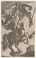 Soldier riding a rearing horse and wearing feathered helmet, cuirass, pteruges, and greaves, the soldier looks and points to his right, Giovanni Battista Scultori  Italian, Engraving