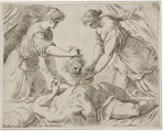 Judith placing the head of Holofernes onto a cloth held by another female figure, the foreshortened body of Holofernes gushes with blood from the neck, Jacopo Palma the Younger  Italian, Etching