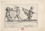 Callot figures; two children carrying a cartouche to left, a dwarf in a plumed hat carrying a standard at right, from "Six grotesques" (Six pièces de figures grotesques), Agostino Mitelli II Italian, Etching