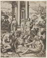 Assembly of male and female scholars gathered around an open book, in the middle ground a man holds aloft an armillary sphere, another group of scholars in the background, Marco Dente  Italian, Engraving