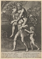 Aeneas carrying Anchises on his shoulders while Troy burns in the background, Master of the Die  Italian, Engraving