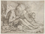 St. Jerome seated on the ground and reading an inscribed scroll, a skull next to his right leg and a lion beyond, Jusepe de Ribera (called Lo Spagnoletto)  Spanish, Etching and engraving