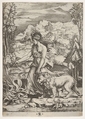 Fortitude in profile view walking toward a fire at left and leading a harnessed lion, a landscape in the background, Marco Dente Italian, Engraving