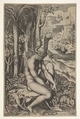Venus removing a thorn from her left foot while seated on a cloth beside trees and foliage, a hare eating grass before her, Marco Dente Italian, Engraving