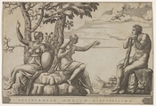 Hercules at the cross-roads, he is seated at the right, to the left are female personifications of Virtue and Vice, Adamo (Ghisi) Scultori  Italian, Engraving