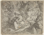 Rest on the flight into Egypt, the Virgin seated on grass in a grove with the Christ Child in her lap, at right Joseph reclines and points toward them, a donkey beyond Joseph, Camillo Procaccini Italian, Etching