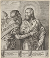 The Tribute Money: two Pharisees, one holding out a coin in his right hand, approach Christ from the left, Martino Rota  Italian, Engraving