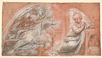The Annunciation, Correggio (Antonio Allegri) (Italian, Correggio, active by 1514–died 1534 Correggio), Pen and brown ink, brush and gray-brown wash, highlighted with white gouache, squared in red chalk, on paper tinted with reddish wash
