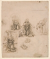 Compositional Sketches for the Virgin Adoring the Christ Child, with and without the Infant St. John the Baptist; Diagram of a Perspectival Projection (recto); Slight Doodles (verso), Leonardo da Vinci (Italian, Vinci 1452–1519 Amboise), Silverpoint, partly reworked by the artist with pen and dark brown ink on pink prepared paper; lines ruled with metalpoint (recto); pen and brown ink (verso)