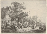A group of figures dancing under a trellis attached to a house, a standing figure carrying a drum and holding a horn to his mouth, surrounded by onlookers, a lane with houses and carriages beyond, Adriaen van Ostade  Dutch, Etching
