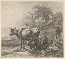 Cowherd driving three horned cattle before him; below, in the foreground, a recumbent steer and a standing steer, marsh and trees beyond, Paulus Potter Dutch, Etching
