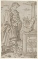 Apelles standing profile looking at a tablet of geometric figures, Nicoletto da Modena (Italian, Modena, active ca. 1500–ca. 1520), Engraving