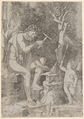 Vulcan seated forging Cupid's wing, Nicoletto da Modena  Italian, Engraving