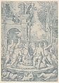 The fate of an evil tongue; seven putti stand around an anvil on which they hammer a tongue, landscape and architecture behind, Nicoletto da Modena  Italian, Engraving printed in gray-blue ink