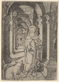 Saint  Antony Abbot standing within a colonnade, Nicoletto da Modena  Italian, Engraving