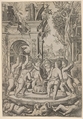 The fate of an evil tongue; seven putti stand around an anvil on which they hammer a tongue, landscape and architecture behind, Nicoletto da Modena  Italian, Engraving