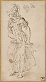 Standing Female Figure in Armor Drawing Her Sword (Minerva or Bellona), Parmigianino (Girolamo Francesco Maria Mazzola)  Italian, Pen and brown ink, over traces of black chalk