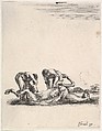 Two men skinning a horse that is lying on the ground with its hooves in the air, from "Various cavalry exercises" (Diverses exercices de cavalerie), Stefano della Bella  Italian, Etching