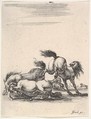 Several horses fighting, one horse to right kicking two horses on the ground below to left, other horses fighting in the background, from "Various cavalry exercises" (Diverses exercices de cavalerie), Stefano della Bella  Italian, Etching