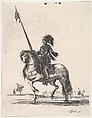 Mounted cuirassier holding a lance upright and riding towards left, other horsemen in the background, from "Various cavalry exercises" (Diverses exercices de cavalerie), Stefano della Bella  Italian, Etching