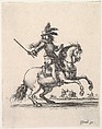 A commander on horseback, giving orders and motioning to the right, other horsemen in the background, two of which are engaged in a duel with pistols, from "Various cavalry exercises" (Diverses exercices de cavalerie), Stefano della Bella  Italian, Etching