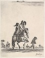 A horseman and his wife, seated side-saddle behind him, riding towards the right, other horsemen and footsoldiers in the background, from "Various cavalry exercises" (Diverses exercices de cavalerie), Stefano della Bella  Italian, Etching