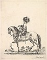 A horseman in profile walking to the left, two horsemen duel with pistols in the background, from "Various cavalry exercises" (Diverses exercices de cavalerie), Stefano della Bella  Italian, Etching
