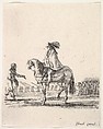 Horseman in center facing left speaking to a man on foot, infantry troops in a line in the background, from "Various cavalry exercises" (Diverses exercices de cavalerie), Stefano della Bella  Italian, Etching