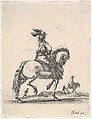 A horseman in center, walking towards the right, a horseman and a footsoldier in the background, seen from behind, from "Various cavalry exercises" (Diverses exercices de cavalerie), Stefano della Bella  Italian, Etching