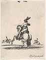 A horseman atop a rearing horse, seen from behind and turned towards the left, two horsemen in the background, from "Various cavalry exercises" (Diverses exercices de cavalerie), Stefano della Bella  Italian, Etching