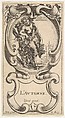 Autumn, a satyr with his right arm on top of a tree trunk on which a vine is growing and carrying grapes in his left hand, within a cartouche decorated with grapes, from "The Four Seasons" (Les Quatre Saisons), Stefano della Bella  Italian, Etching
