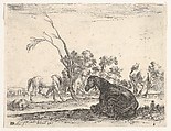 Plate 8: a seated horse to right, seen from behind and turned to the left, three other horses in middleground, a tree in center, from "Various Figures" (Agréable diversité de figures), Stefano della Bella  Italian, Etching; fourth state of five (De Vesme)