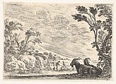 Plate 9: Two goats resting to right, turned towards the left, four men and a horse in a river in the background, from "Various Figures" (Agréable diversité de figures), Stefano della Bella  Italian, Etching; fourth state of five (De Vesme)