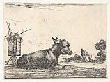 Plate 11: a resting donkey, a horse and a foal to right and a windmill to left in the background, from "Various Figures" (Agréable diversité de figures), Stefano della Bella  Italian, Etching; fourth state of five (De Vesme)