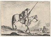 Plate 12: A soldier on horseback, holding a musket in his right hand, in profile descending a slope towards the right, other soldiers on horseback to right in the background, from "Various Figures" (Agréable diversité de figures), Stefano della Bella  Italian, Etching; undescribed state between second and third of five