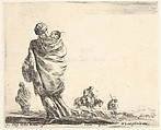 Plate 21: a poor woman to left, seen from behind, enveloping her child in a shawl, another woman seen from behind to left in background, a woman atop a horse and a man to right in background, from "Diversi Capricci", Stefano della Bella  Italian, Etching; third state of four (De Vesme)