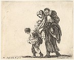 Plate 22: a beggar woman with three children, one child on her shoulders, one child in her arms, and one child who walks in front of her to left, from "Diversi Capricci", Stefano della Bella  Italian, Etching; third state of four (De Vesme)