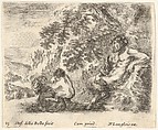 Plate 23: a satyr sitting against a tree to right and holding a flute in his right hand, a child playing with a goat to left, from "Diversi Capricci", Stefano della Bella  Italian, Etching; third state of four (De Vesme)