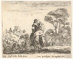 Plate 24: herdsman atop a horse, seen from behind, leads his cattle down a hill, a tower on a hill to left in the background, from "Diversi Capricci", Stefano della Bella  Italian, Etching; third state of four