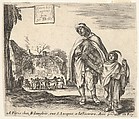 Plate 1: a man sings and plays the hurdy gurdy, accompanied by a boy playing the triangle to right, a group of peasants dancing in a ring to left in background, title page for "Diversi Capricci", Stefano della Bella  Italian, Etching; third state of four (De Vesme)