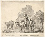 Plate 2: a peasant woman herds two cows across a stream, walking towards the left, from "Diversi Capricci", Stefano della Bella  Italian, Etching; third state of four (De Vesme)