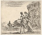 Plate 3: two girls walking towards the left, seen from behind, a woman on a horse to left in background, from "Diversi Capricci", Stefano della Bella  Italian, Etching; first state of four