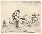 Plate 5: a barefoot peasant on horseback crossing a river, another peasant on horseback and leading a horse on a bank to right in the background, from "Diversi Capricci", Stefano della Bella  Italian, Etching; third state of four (De Vesme)