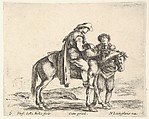 Plate 6: a peasant on horseback in profile facing the right, holding a basket and talking to another man standing behind the horse, from "Diversi Capricci", Stefano della Bella  Italian, Etching; third state of four (De Vesme)