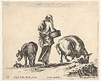 Plate 13: a peasant woman, seen from the back, holding a basket in center, a donkey to left and a horse with a pack on its back to right, from "Diversi Capricci", Stefano della Bella  Italian, Etching; third state of four