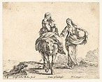 Plate 14: a young peasant woman and her child sitting side saddle atop a horse in center, another peasant woman to right, holding a large bag in her left arm, from "Diversi Capricci", Stefano della Bella  Italian, Etching; third state of four (De Vesme)