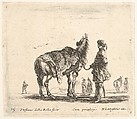 Plate 15: a Polish nobleman, facing away, holding his horse covered in leopard skin, four men and a horse in background, from "Diversi Capricci", Stefano della Bella  Italian, Etching; third state of four (De Vesme)